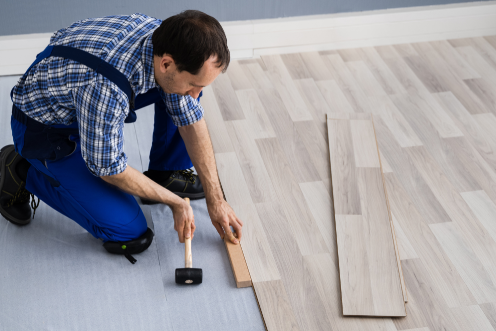 Hardwood floor during installation
