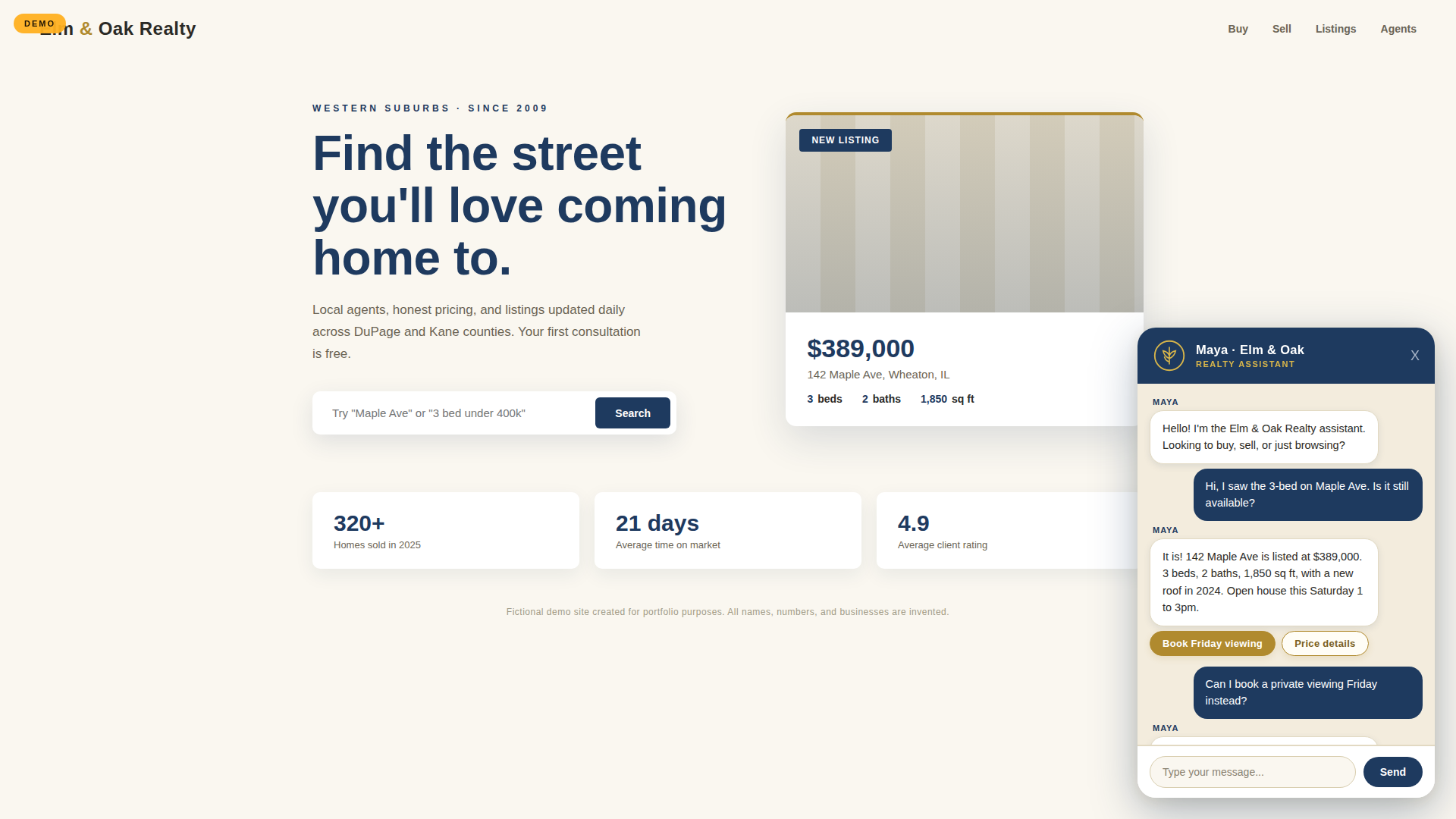 Elm and Oak Realty chatbot demo