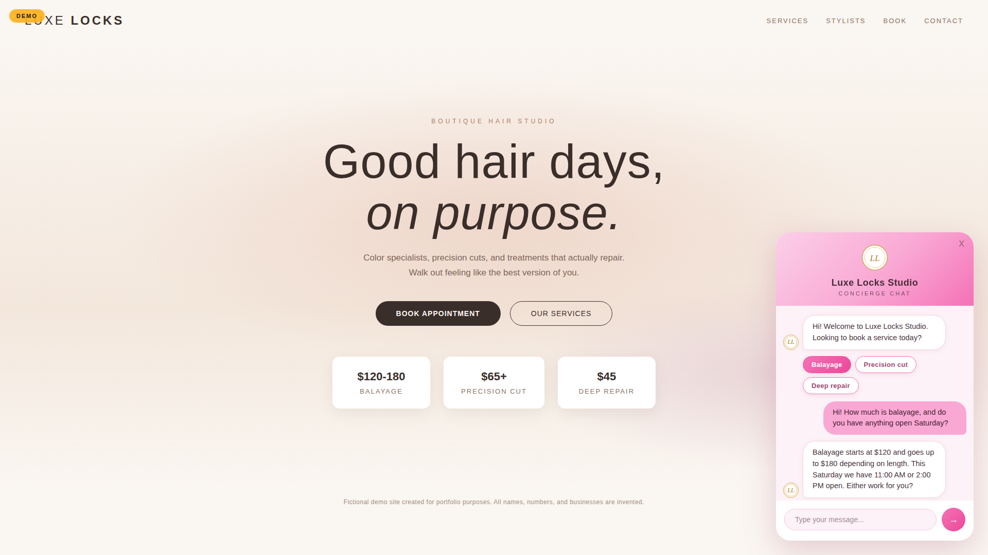 Luxe Locks Studio chatbot demo